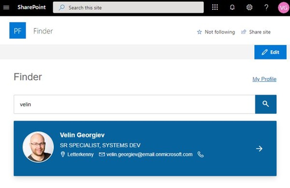 SharePoint online page opened in browser