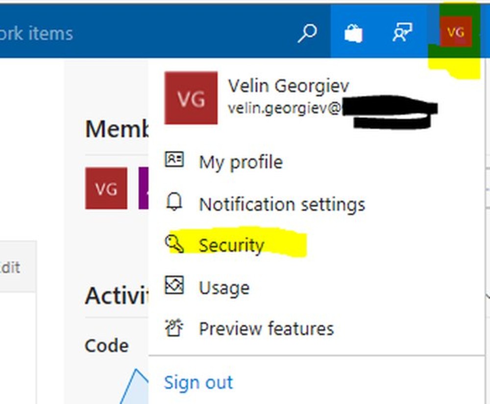 Azure DevOps security page opened in the browser