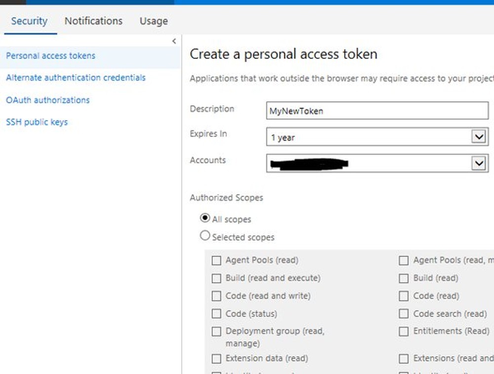 Azure DevOps security page opened in the browser